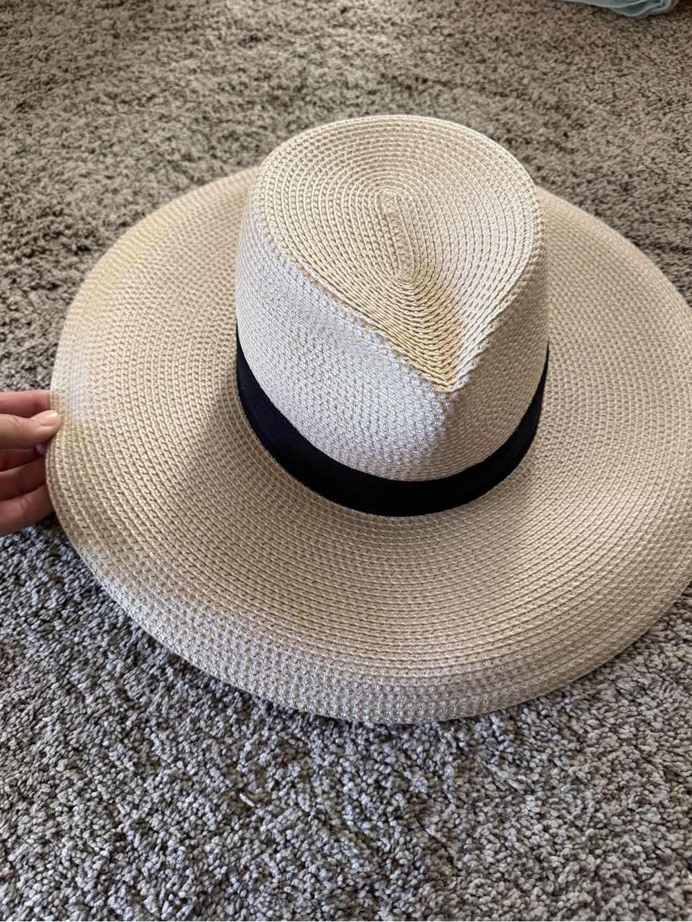 Eric Javits Cream Straw Sun Hat with Black Band